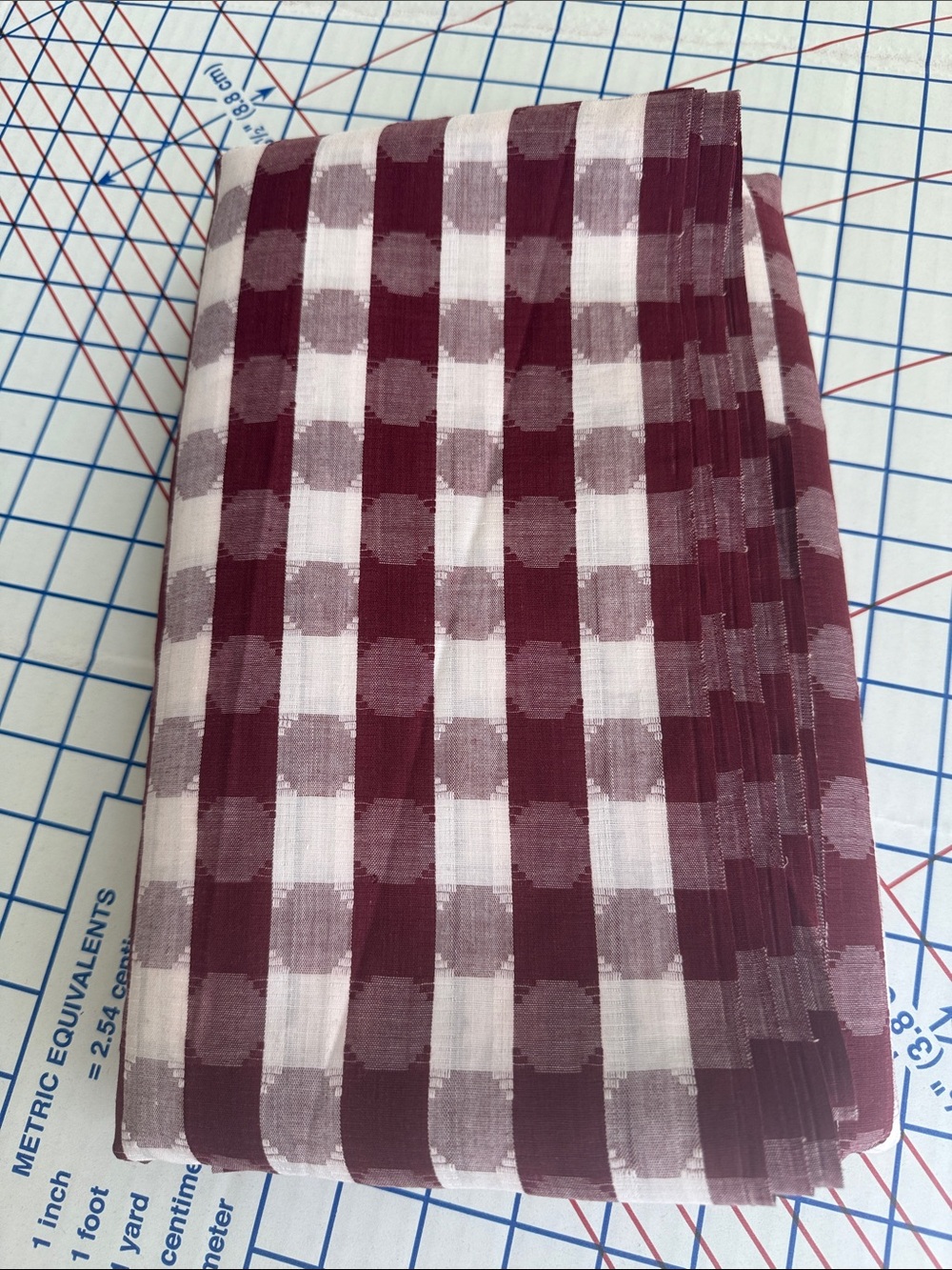 Vintage 60s 70s Burgundy Ivory Woven Check Fabric 5 Yards x 44”